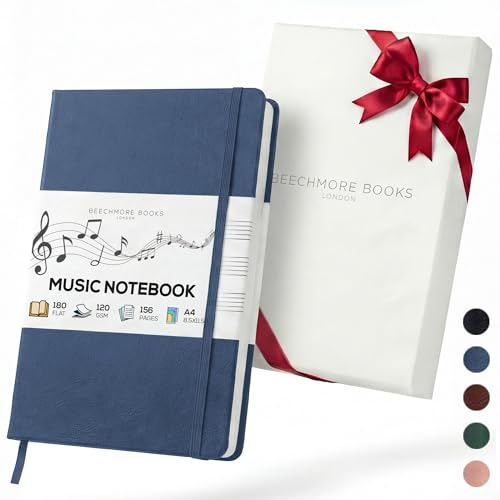 Beechmore Books Music Notebook | Handskrivet papper | noter | 10 sidor per sida – 160 sidor | stort format (21,6 cm x 27,9 cm) | hårt omslag | marinblå