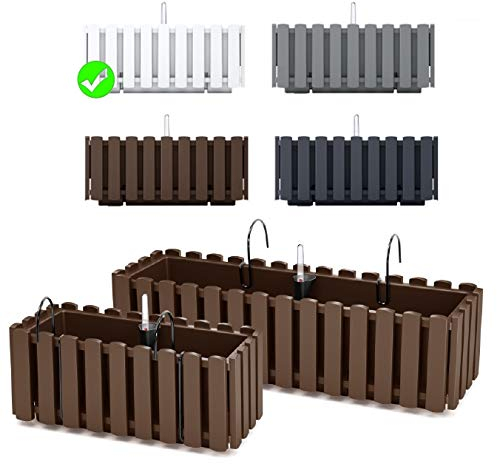 Blumenkasten Blumentopf Balkonkasten Latten-Optik mit Halterungen Wasserspeicher Pflanzkasten Pflanzgefäß inkl. Aufhängung Lattenzaun-Design (380 Weiß)