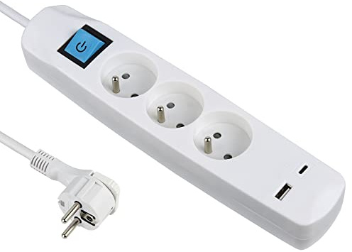Electraline 35604 Bloc Multiprise 3 Prises Françaises + 2 USB 3.4A 17W (1 Type A + 1 Type C), Avec interrupteur ON/OFF, Fiche Extra Plate 90° 16A, Câble 1.5M
