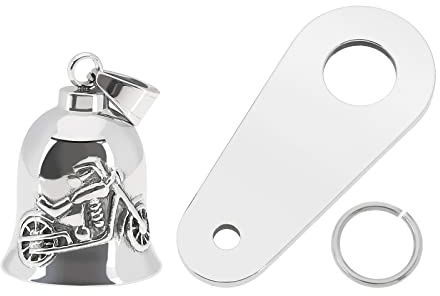 Be In Your Mind Campanello di guardiano per moto, buona fortuna, in acciaio inox, per motociclisti, con gancio, accessori da moto, regalo per motociclisti, argento 36 x 26 mm