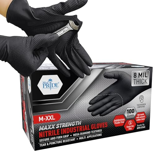 MED PRIDE 8 Mil Nitrile Gloves XL Black Diamond Textured Heavy Duty Disposable Latex and Powder Free Box of 100