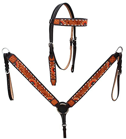Western Horse Headstall Bridle Breast Collar Tack Set Leather Floral Tooled Handmade Full Cob Pony Breastplate ME-HBC-037 (Cob)