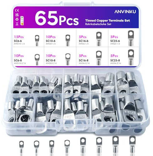ANVINKU 65 Pcs Battery Terminal Connectors Set, 8 Type Battery Terminals, Battery Cable Connectors, Heavy Duty Copper Crimp Connectors, SC Ring Crimps Terminals, Cable Lugs for Boat & Car