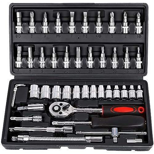 Retoo Steckschlüsselsatz Satz Steckschlüssel, 46 teilig Mechanik Werkzeugsatz, Nüsse, Größen, Nuss Set Ratschenkasten Knarrenkasten und Bitsatz für die Reparatur zu Hause und DIY, Universal, Blau