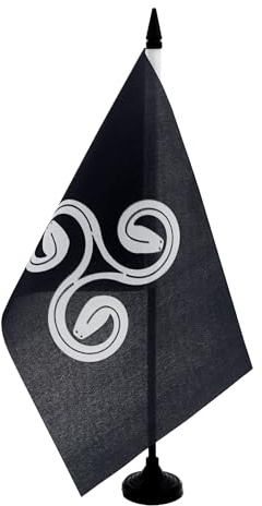 AZ FLAG Drapeau de Table Bretagne Triskell Triserpent 21x14 cm | Usage intérieur Drapeau de bureau breton finition cousue et bords renforcés avec mât en plastique et socle en plastique