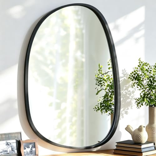 Lzuso Unregelmäßiger Holzspiegel mit Rahmen Ovaler asymmetrischer Spiegel für die Wand Wohnzimmer Schlafzimmer Badezimmer Eingang Flur Modern Einzigartig Dekorativ Kunstvoll Hängender Spiegel Rosa