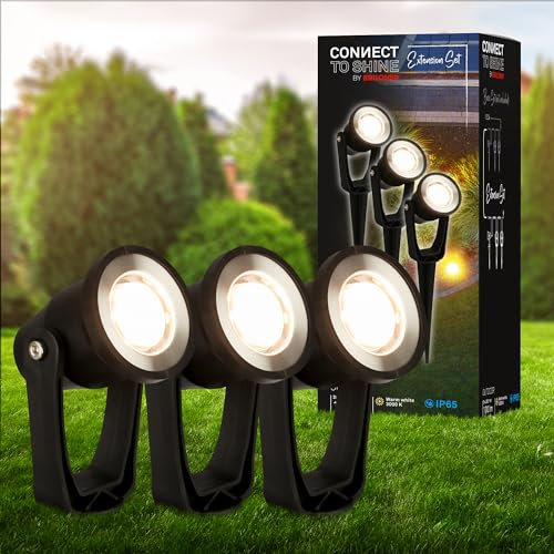 Briloner - Sistema da giardino Connect to Shine 12V, set di 3 faretti LED con picchetto, set di prolunghe, IP65, luce bianca calda, illuminazione da giardino, faretto da giardino, 22,5x6x5 cm, nero