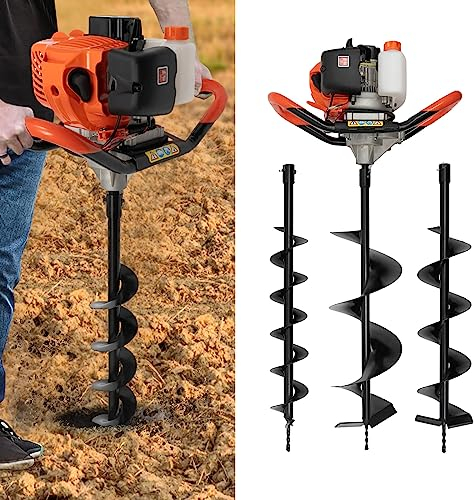 52CC 2-Takt Benzin-Erdlochbohrer, Benzin Erdbohrer 3 Bohrer Durchmesser(100,150,200 mm), Handbohrer Kit 6500-8500rpm CDI Zündsystem 1.2L Tank