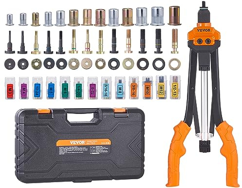 VEVOR Riveteuse Manuelle pour Écrou à Sertir 41 cm Pince à Insert Fileté avec 13 Mandrins 186 Écrous de 13 Tailles Outil à Riveter Dérivetage Semi-Automatique avec Mallette pour Automobile Bricolage