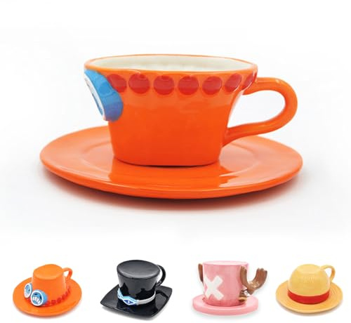Hengrongshen Tazza One Piece, Anime Ace One Piece Tazza Caffe, Ceramica One Piece Tazze da The con Piattini, Tazze Colazione, Anniversario, Regalo Natale (Ace)