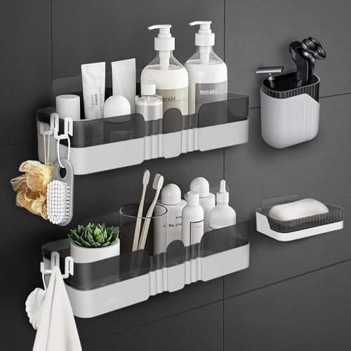 WeshyiGo Organizer per doccia senza foratura, con portasapone, portaspazzolino e ganci, in plastica, staccabile, grande organizer da bagno
