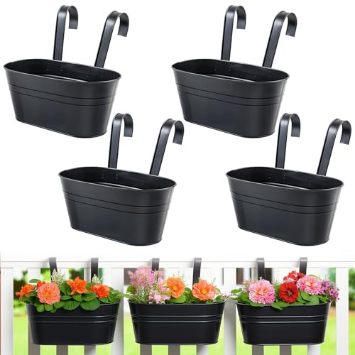 YedZen 4Pcs Metal Hanging Plant Pots, 27.5cm Balcony Planters for Railing with Detachable Hooks, Fence Hanging Planters, Flower Pots for Outdoor Garden, Home Decor, Balck