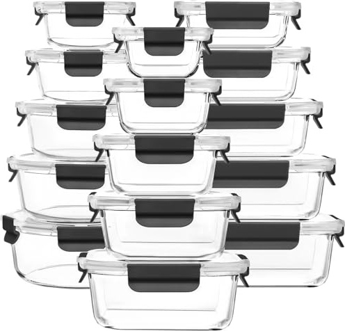 Fenger Meal Prep Boxen Glas, Glasdosen mit Deckel Set, Frischhaltedosen Glas mit Auslaufsicherer Verschlussdeckel, für Mikrowellen-, Gefrierschrank- und Spülmaschinenfest,15 Stück, schwarz