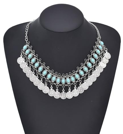 Handgemachte Halskette im ethnischen Stil mit doppeltem Verwendungszweck, Kopfschmuck aus antikem Silber, Schmuck im Used-Look(green)