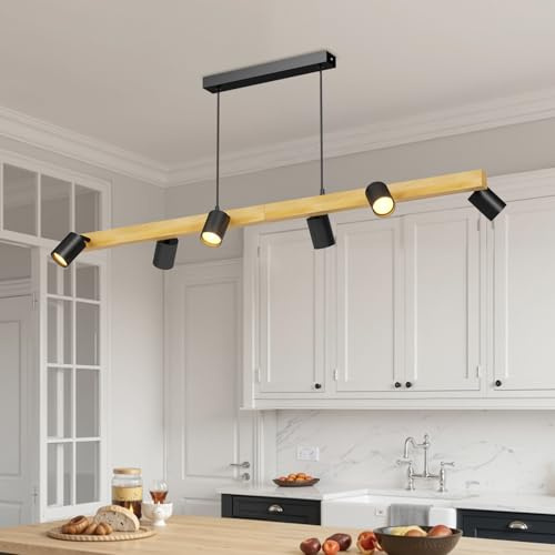 LVWIT Lampadario a Sospensione Nero, Lampadari Cameretta con 6 Luci in Aluminium, Lampada in Legno GU10, Lampadario Pendente per Sala da Pranzo, Tavolo da Pranzo, Cucina (Senza Lampadina)