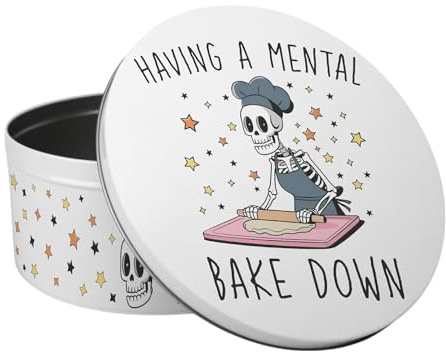 Purely Home Mental Bake Down Large Cake Tin - Funny Skeleton Themed Kitchen Gifts for Halloween - Round Metal Storage Container for Baking 23 x 10cm
