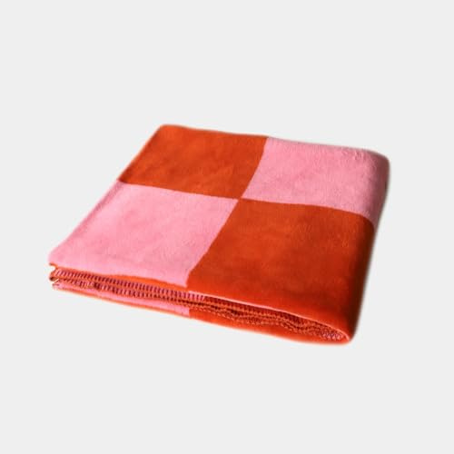 Odernichtoderdoch Kuscheldecke, orange-pink, kariert, 150 x 200 cm - Häkelsaum, weich, Deine Lieblingsdecke, fair produziert in Deutschland