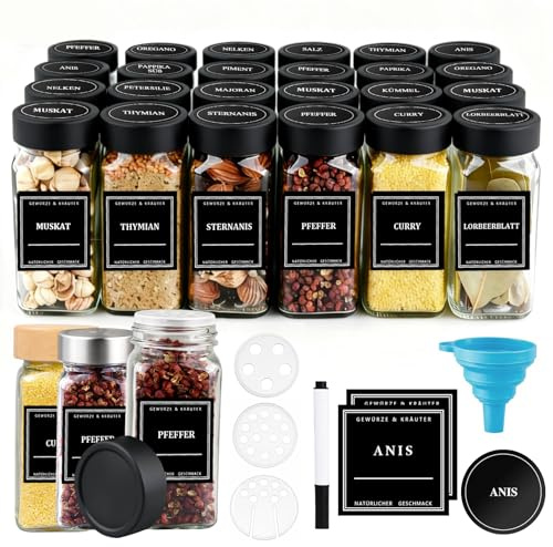 CoolNovel® 24er Gewürzgläser-Set [120 ml] – Eckig & Luftdicht mit Edelstahldeckeln, deutschen Etiketten& Streueinsätzen – Gewürzdosen aus Glas inkl. Trichter & Reinigungsbürste (Mattschwarzen)