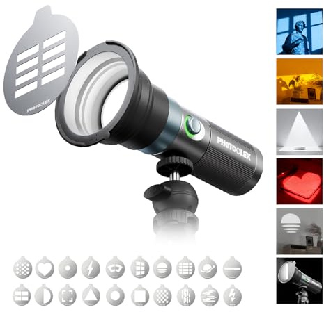 PHOTOOLEX Lampe Torche LED Portable 4 Couleurs avec 20 gobos magnétiques, projecteur Vidéo 8400 mAh, éclairage Studio LED 10W pour la Photo et la création de Contenu. Accessoires