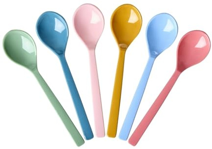RICE Teelöffel 6er Set „All You Need is Love and…“ – bunte Dessertlöffel aus robustem Melamin – BPA-frei, spülmaschinenfest, lebensmittelecht, 14,5 cm