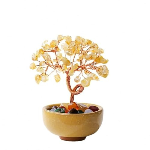 Lumisoul Natural Crystal Gemstone Money Tree with Teacup Base Feng Shui Wealth Bowl Bonsai Tree Desktop Decoration Ornament (Citrine （Agate Version） Yellow Bowl)