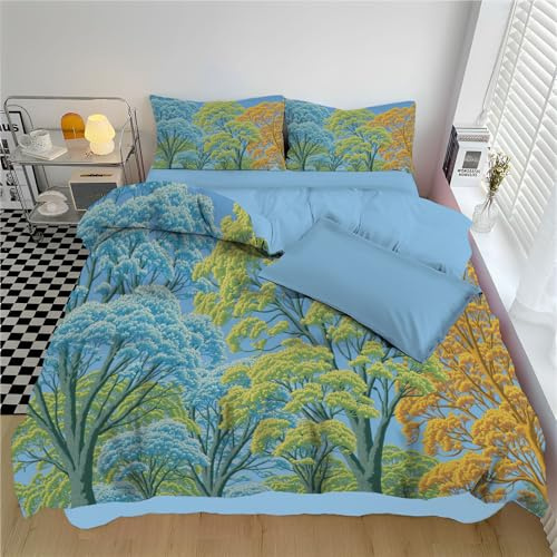 DLERFLOVR Woods Linoleum Print 68 x 90 Bedding Set Twin Reversible Autumn Trees Duvet Cover Super Soft Quilt Covers Set Easy Care 3 Piece with Pillowcase, Blue