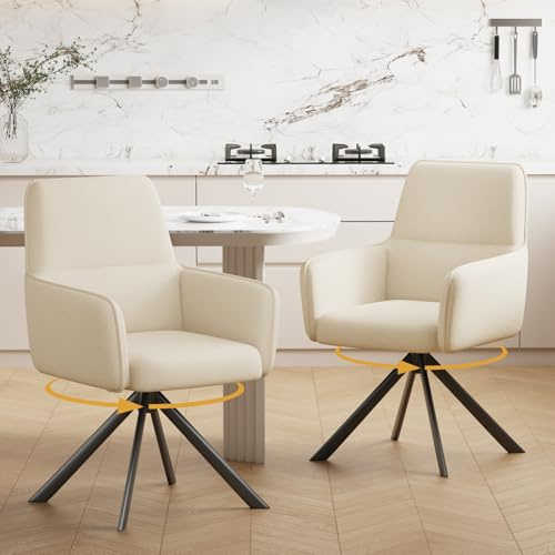Ckaff Lot de 2 Chaise Pivotante Salle à Manger, Chaise de Cuisine Rembourrée Pivotante à 360° avec Accoudoirs, Chaises Salle à Manger en Tissu Chenille pour Chambre à Coucher Cuisine Salon, Beige