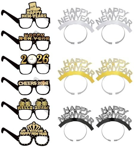 Partybrille Silvester Deko 2026,12 Stück Happy New Year Brille Haarreif,2026 Silvester Party Dekoration Accessoires,Neujahrsdeko Silvesterpartydeko,Happy New Year Stirnband Brillen für Foto Requisiten