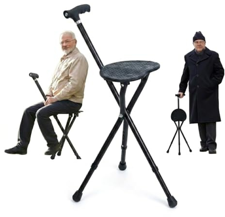 Walking Stick with Seat & Light, Aluminum Alloy Adjustable Height Cane Seat, Heavy Duty, Folding Lightweight, 3 Legged, Women and Men