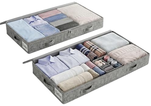 2 stycken förvaringslådor för undersäng, förvaring 50 l, förvaringsväska med 4 handtag och 2 blixtlås, förvaring under säng, förvaringslådor, vikbar, grå, 100 × 50 × 10 cm