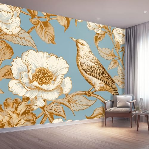 Generico Carta Da Parati In Tessuto Non Tessuto Blu, Stile Retrò Fiori Uccelli Decorazione Per Camera Da Letto Soggiorno Ufficio Corridoio Dimensioni 150 x 105 cm（WxH