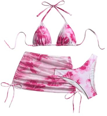 GORGLITTER Bikiniset för kvinnor med cover up kjol, 3-delad baddräkt, halterneck, triangelbadmode med blommönster, strand, baddräktsset, Varm rosa, L