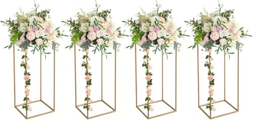 4 Pack Gold Vase Stands for Wedding Centrepeices, 60cm Tall Metal Column Flower Stand Set with Acrylic Panels, Geometric Display Racks for Table Decorations Party Home Events, 60CM