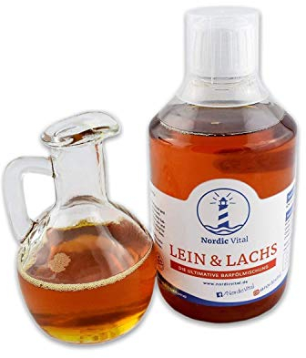 NordicVital Leinöl & Lachsöl 500ml Flasche Barföl Mischung für Hunde & Katzen – Omega 3, 6 und 9 – Naturprodukt & ohne Zusätze Perfekt zum Barfen