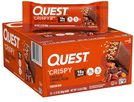 Quest Nutrition Crispy Chocolate Caramel Pecan Hero Protein Bar, 15g Protein, 1g Sugar, 3g Net Carb, Gluten Free Protein Snack, Keto Friendly, 12 Count