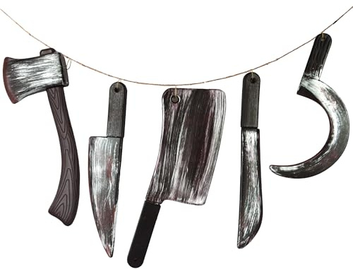 JOYIN 5 Pcs Hanging Halloween Bloody Knife Decorations Indoor, Fake Knife Plastic Fake Knives Weapon, Party Decor Haunted House Fake Blood, Machete Axe Cleaver Sickle for Scary Yard Porch