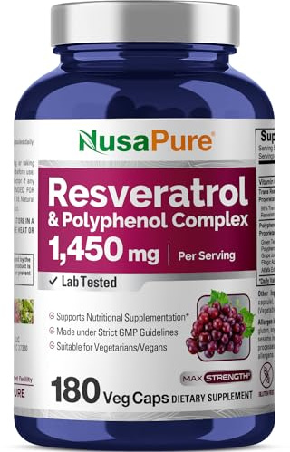 NusaPure Resveratrol & Polyphenol Complex 1450mg 180 Vegetarian Caps (Non-GMO, Vegan) Vitamin C
