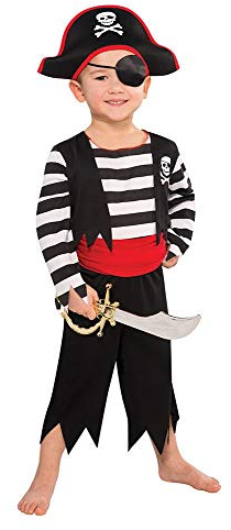 Tante Tina Piratenkostüm Jungen - 5-teiliges Piratenkostüm für Jungen mit Tunika , Hose , Gürtel , Augenklappe und Kopfband - Schwarz / Rot / Weiß - Größe M ( 128 ) - für Kinder von 5 bis 7 Jahren