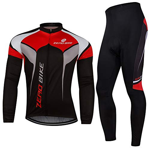 Herren Atmungsaktiv Schnelltrocknend Fahrradtrikot Set, Outdoor Lange Ärmel Radsport-Shirt + 3D Gel Gepolsterte Fahrradhose, 0045, L
