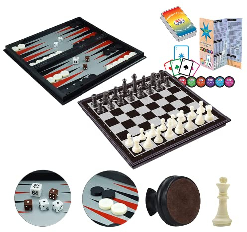 WEofferwhatYOUwant Scacchiera Magnetica 4-in-1 – Scacchi, Dama, Backgammon e Carte – Tavola Pieghevole 36 cm con Pezzi Grandi in Plastica Gioco Portatile per Adulti e Bambini | Regalo Educativo Sicuro