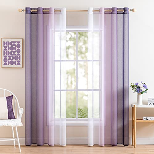 MIULEE 2er Set Voile Vorhang Zweifarbiger Vorhang mit Ösen Transparente Gardine Ösenschal Fensterschal Lichtdurchlässig für Schlafzimmer, 140x175cm, Lila