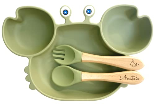 Ensemble repas complet pour enfant avec assiette à ventouse, couverts personnalisés - Idéal pour baptême et naissance - Cadeau original pour bébé - Kit coffret diner pratique et élégant (Kaki)