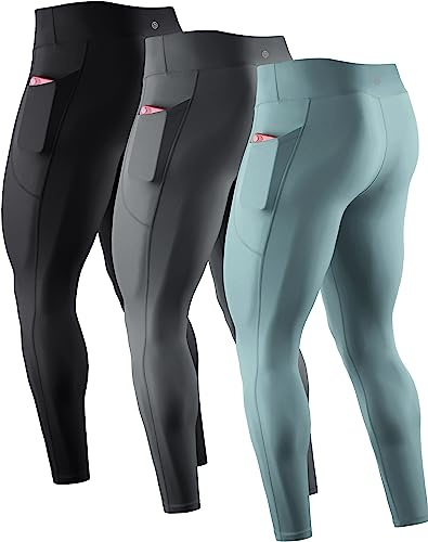 NELEUS Men's 3 Pack Compression Pants Workout Running Tights with Pocket,6109 Black,Grey,Grey-Green,M