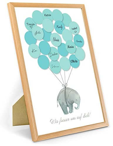 Babyparty Gästebuch Baby Shower Set Gastgeschenk Pullerparty Erinnerungsstück/Andenken beschreibbar/Fingerabdruck mit Bilderrahmen (Natur - Elefant Blau)