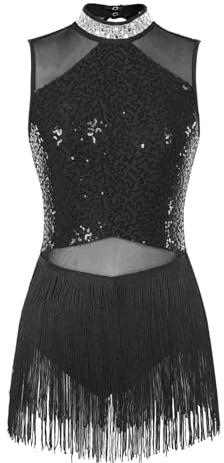 CHICTRY Tassel Vestito da Balletto Donna Abito da Ballo Jazz Latino Americano con Nappa Paillettes Leotard Body da Ballerina Samba Rumba Tango Danza Classica Nero L