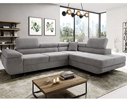 ML Furniture Ltd Avatar Kord Ecksofa in L-Form 277 x 73 x 203 cm mit Schlaffunktion und Bettzeugbehälter - Schlafsofa mit Bettkasten - Eckcouch mit Stauraum - Rechts - Farbe: Kord Grau