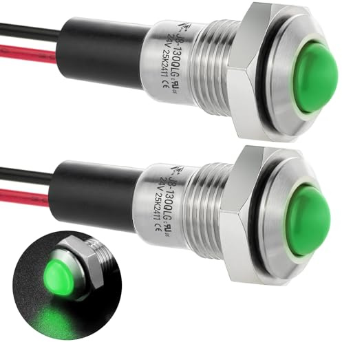 ZGSZJHF UL Listed Mini Indicator Light 8mm 0.31 Waterproof Domed Metal Stainless Steel Signal Lamp 12V-24V DC/AC Red and Green LED Light with 140mm Wire