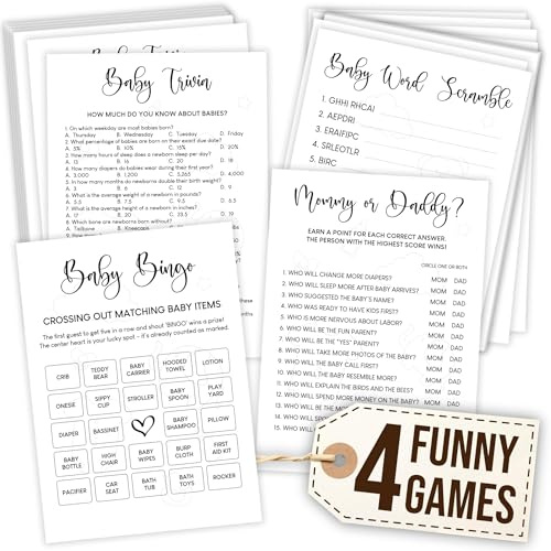 WOODAMORE Funny Baby Shower Games - Gender Neutral Baby Bingo, Trivia, Word Scramble & More for 25+ Guests, Ages 3+ (1 Pack, White) | bingo, trivia, word scramble, who knows mommy best, mommy or daddy, boy or girl shower activity