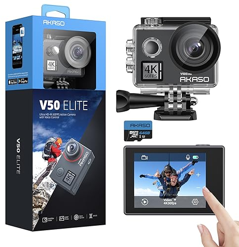 AKASO V50 Elite Action Cam,4K60FPS 20MP Unterwasserkamera mit 64GB U3 Speicherkarte WiFi mit Touchscreen EIS 40M Sportkamera 8X Zoom Sprachsteuerung Fernbedienung Zubehör Kit