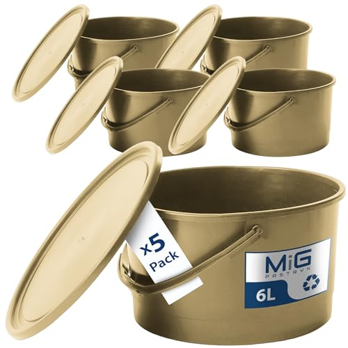 MIG Eimer mit Deckel 6L Gold - 5X 6 Liter stapelbare Plastikeimer mit Deckel - Vielseitiger Kübel mit Deckel für Haushalt und Industrie - Kleiner Eimer mit Deckel geeignet für Hundefutter
